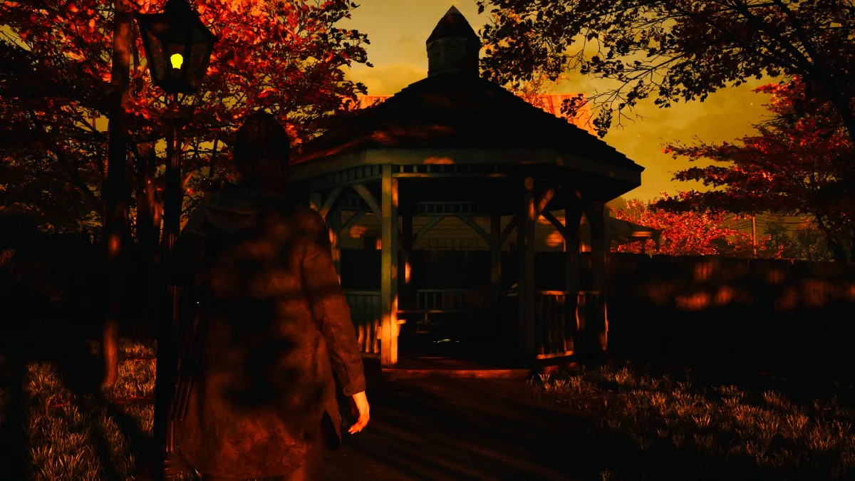 An in game screenshot of the gazebo in Founder's Park from Alan Wake 2