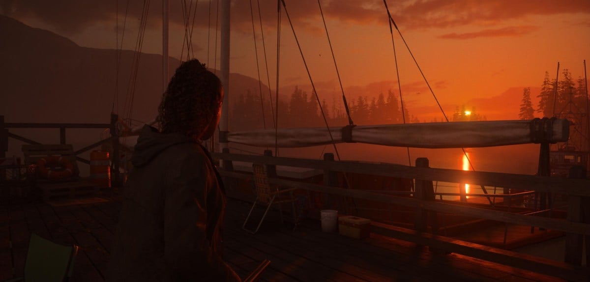 An in game screenshot of the boatyard from Alan Wake 2.