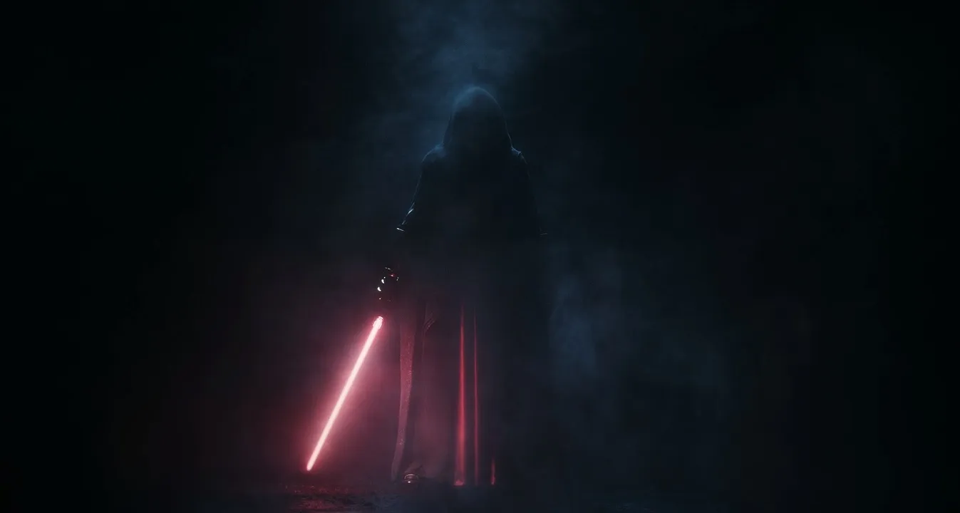 There is a shot of Dark Revan after he has ignited his lightsaber. He is alone in the dark,