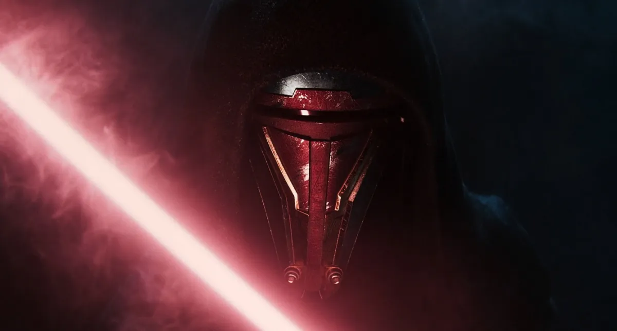 There is a shot of Darth Revan close up to his mask. He has his lightsaber ignited.