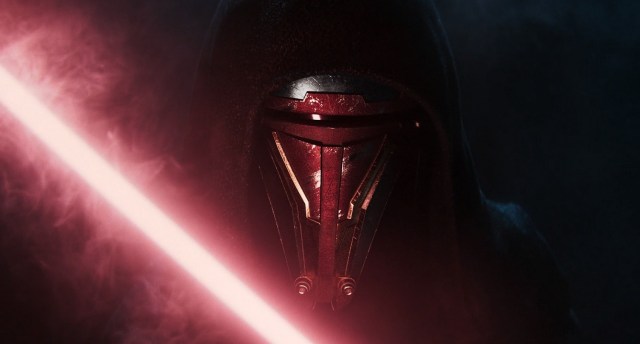 There is a shot of Darth Revan close up to his mask. He has his lightsaber ignited.