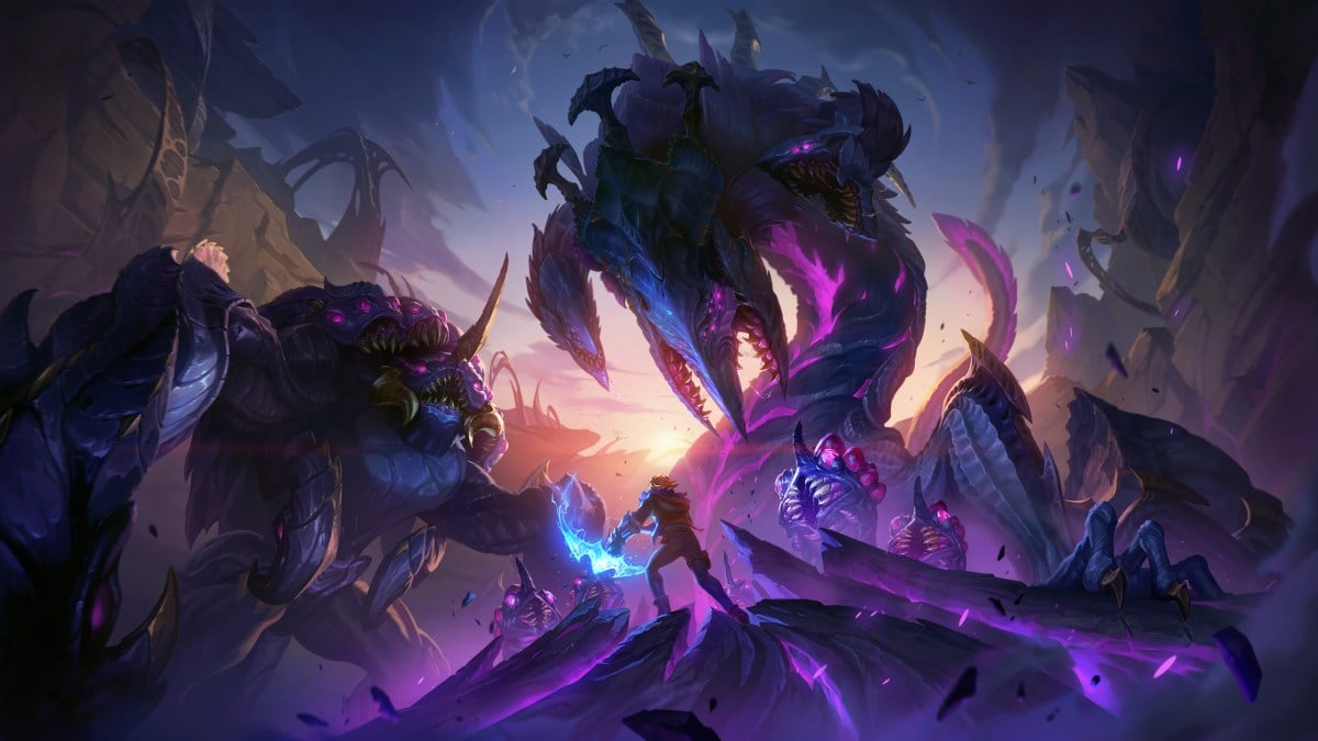 Void monsters surround Ezreal in the Key Art for the 2024 League ranked season