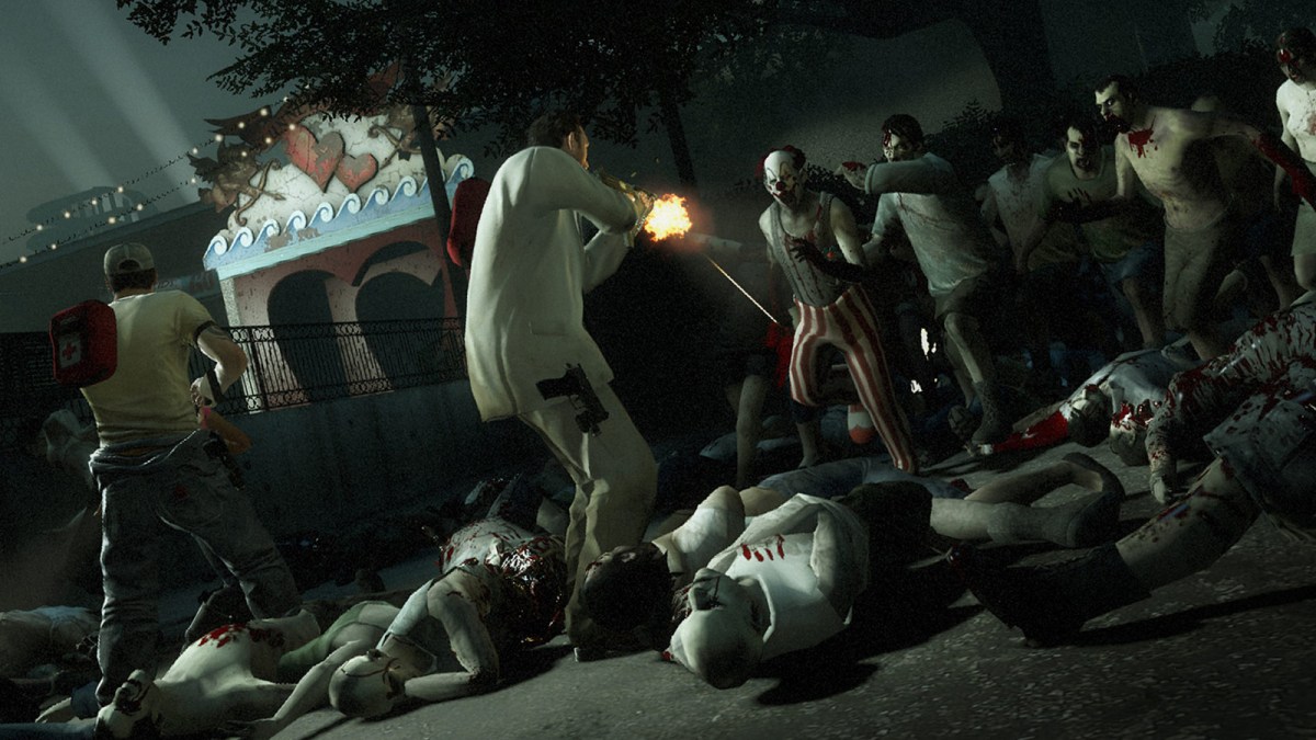 Left 4 Dead 2 person in a white suit shooting hordes of zombies