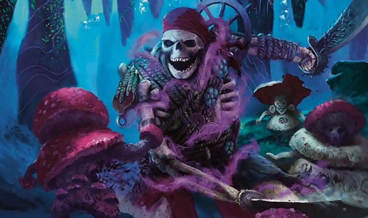 Skeleton pirate under water with two swords