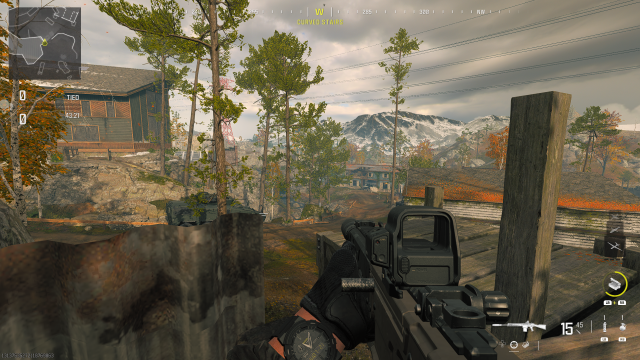 A first-person view facing the middle of Estate in MW3.
