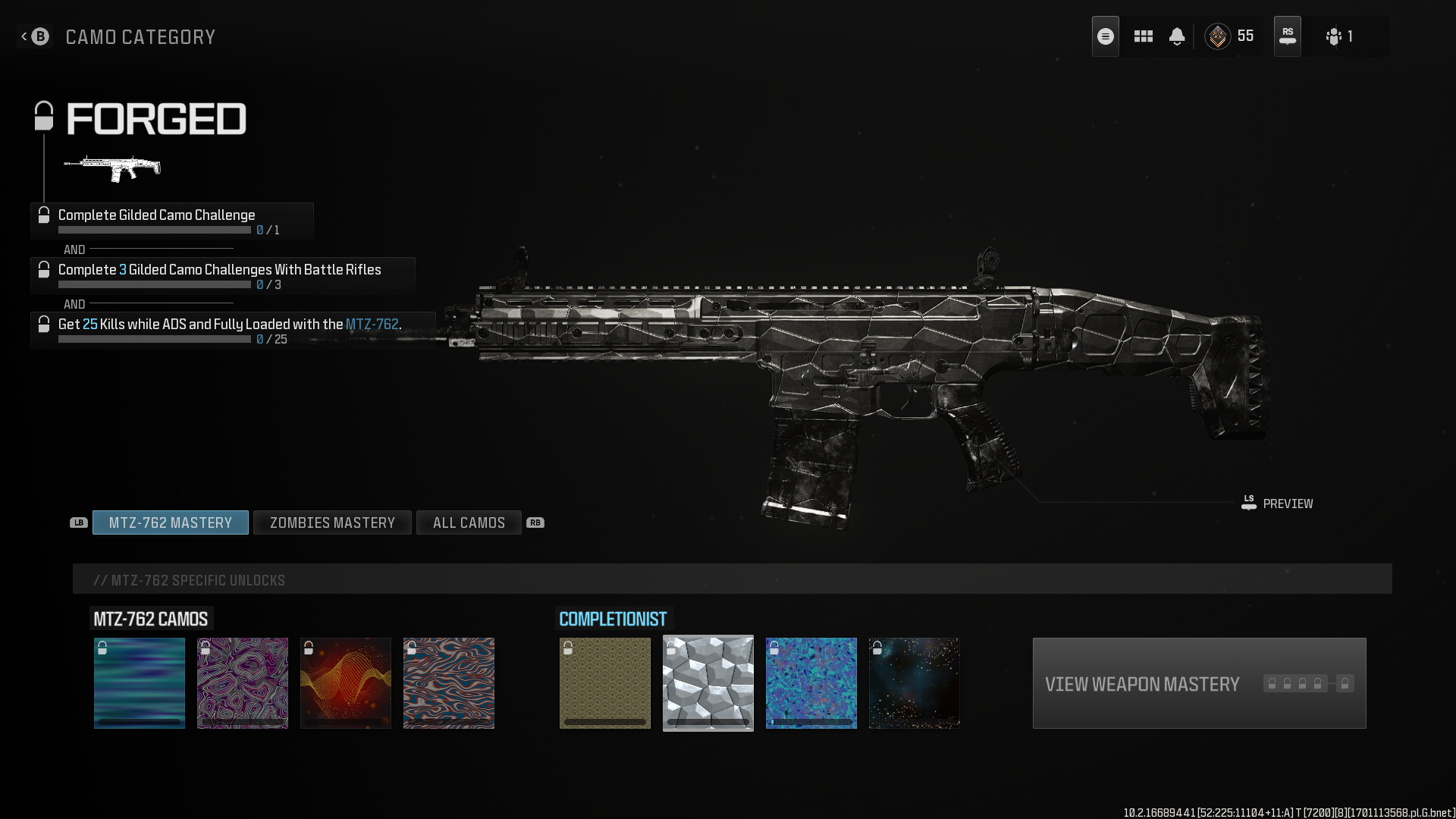 A screenshot showing the Forged camo challenge screen for the MTZ-762 in MW3.