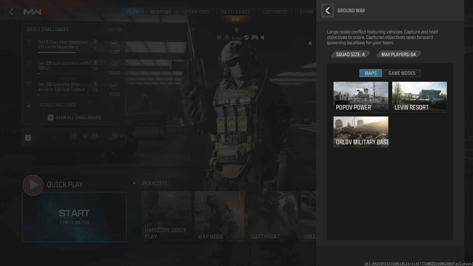 Screenshot of the Call of Duty Modern Warfare 3 multiplayer menu showing the Ground War option.