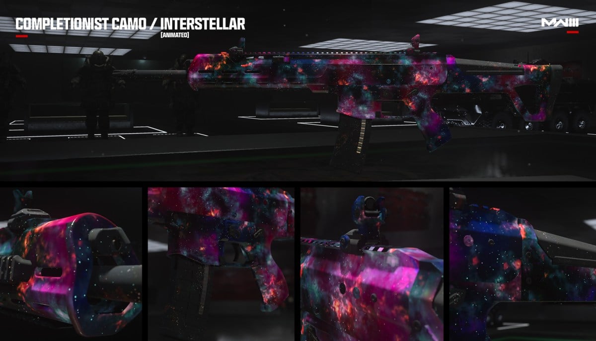 A collage of screenshots showing off the Interstellar camo on an assault rifle in MW3.