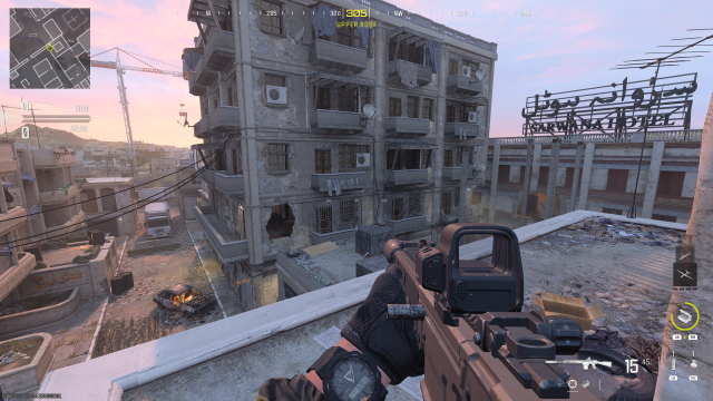 A first-person view facing the middle of Karachi in MW3.