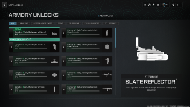 A screenshot of the Slate Reflector in the Armory Unlocks screen in MW3.