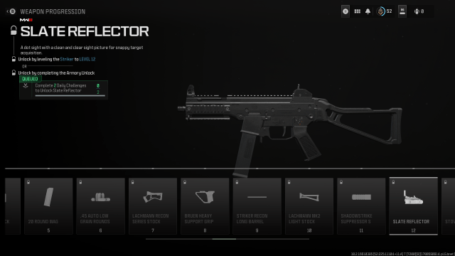 A screenshot of the Slate Reflector in the Striker's Weapon Progression path in MW3.