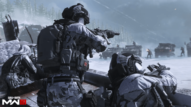 Call of Duty Modern Warfare 3 characters shooting in the snow