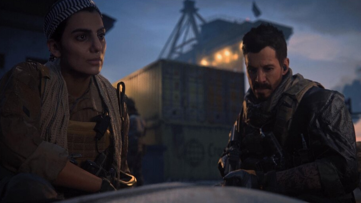 Farah and Alex sit and discuss a Call of Duty mission on a dock in MW3.