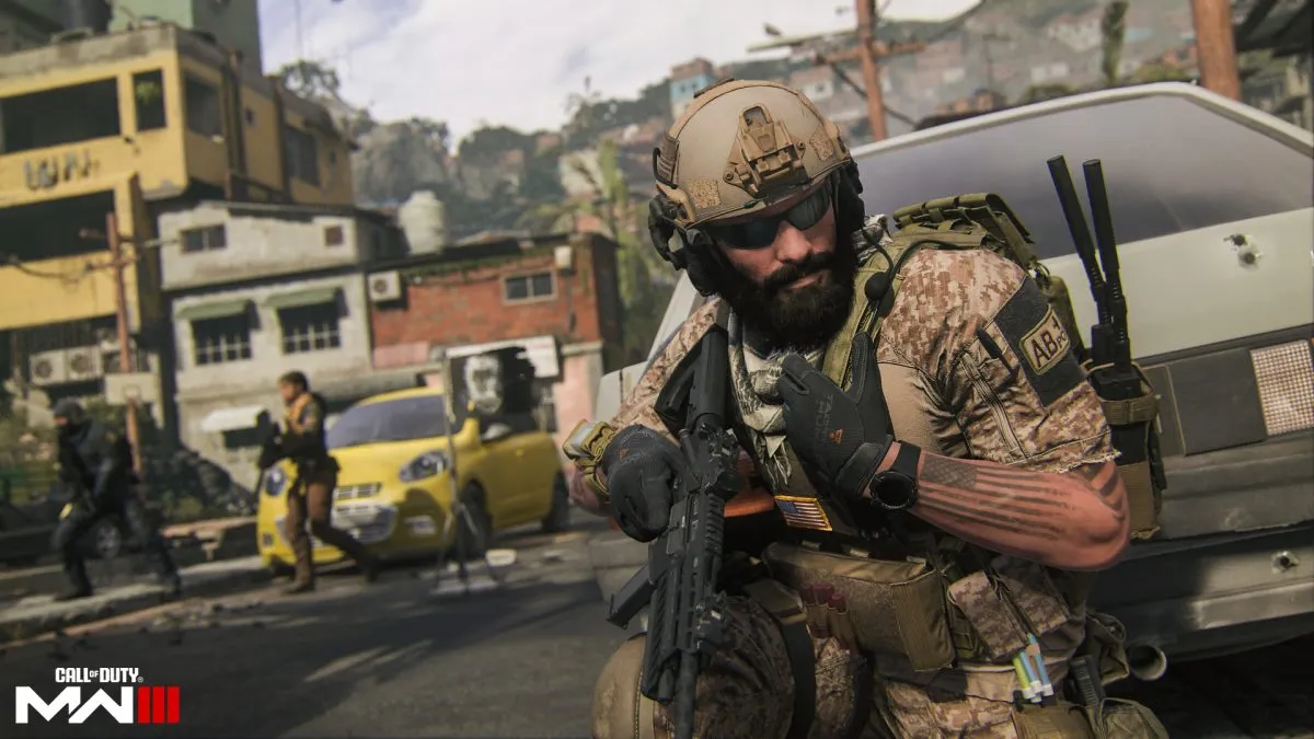 A Call of Duty operator takes cover behind a car in MW3 multiplayer.