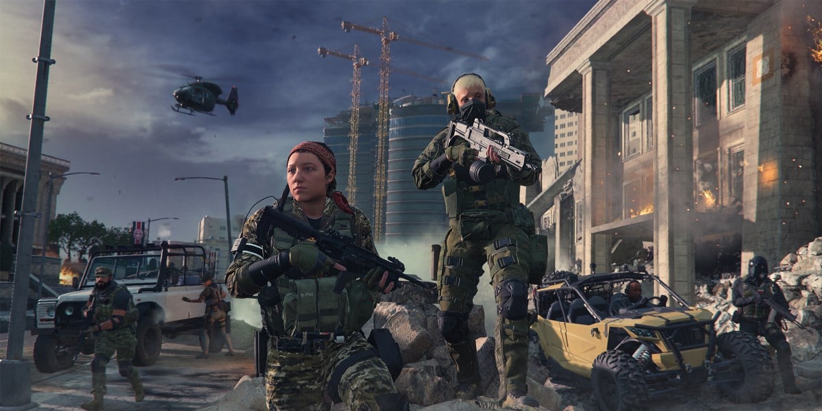 A group of players stand together in a promotional image for MW3.