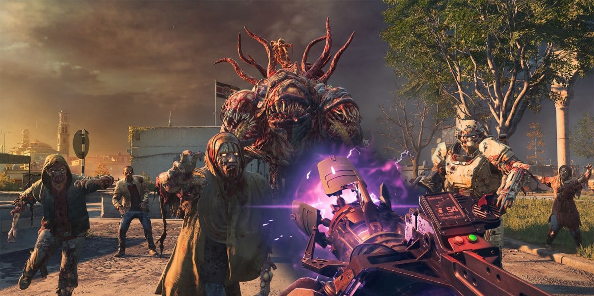 A giant Zombie enemy walks toward a player alongside a horde of minions in MW3.
