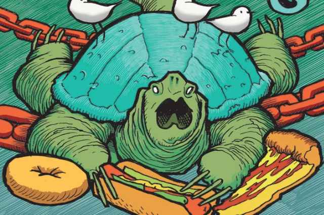 Artwork of famous Chonk turtle in chicago on MTG promo card