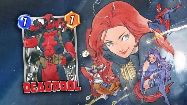 Marvel Snap Black Widow Peach Momoko full artwork and Deadpool card