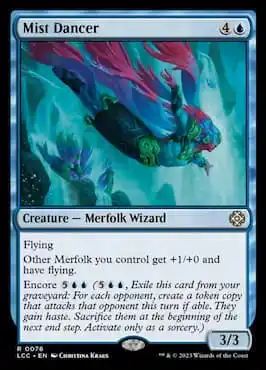 Merfolk wizard flying through the air with waterfalls in background