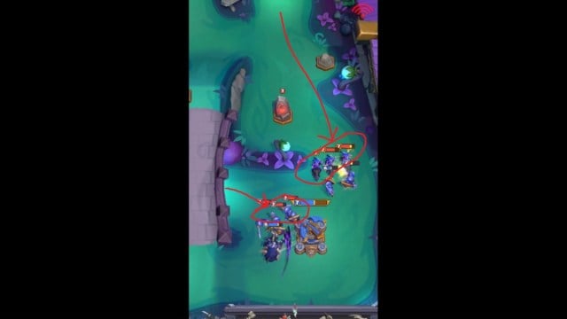 Two enemy squads attacking the player base from two sides in Warcraft Rumble