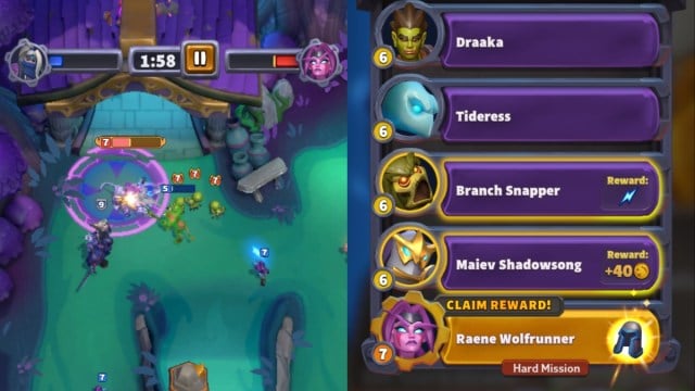 The player units attack Raene Wolfrunner. The right screen shows that the battle has been won and that a reward can be claimed