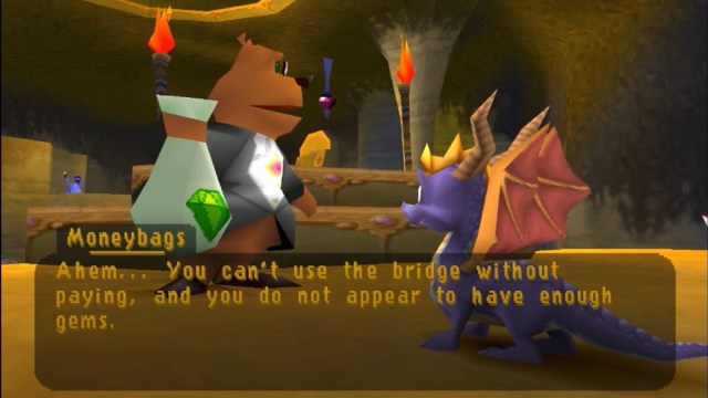 Moneybags holding a bag of gems talking with Spyro