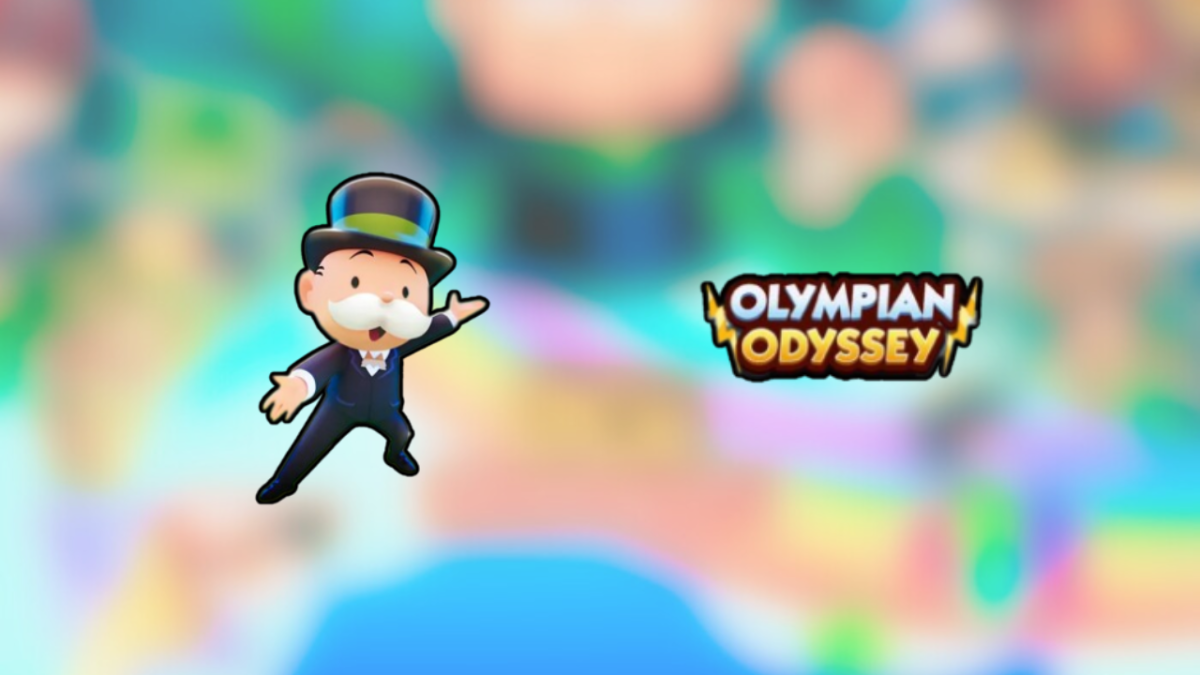 Monopoly's character pointing to the Olympian Odyssey tournament logo.