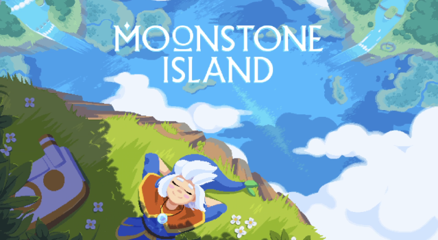 The title screen of Moonstone Island, showing a character with long white hair resting on a floating island in front of a cloudy sky.