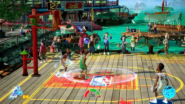 Screenshot of 2vs2 basketball game NBA Playgrounds.  In the screenshot, the NBA Playgrounds version of LeBron James is getting ready to dunk the ball.