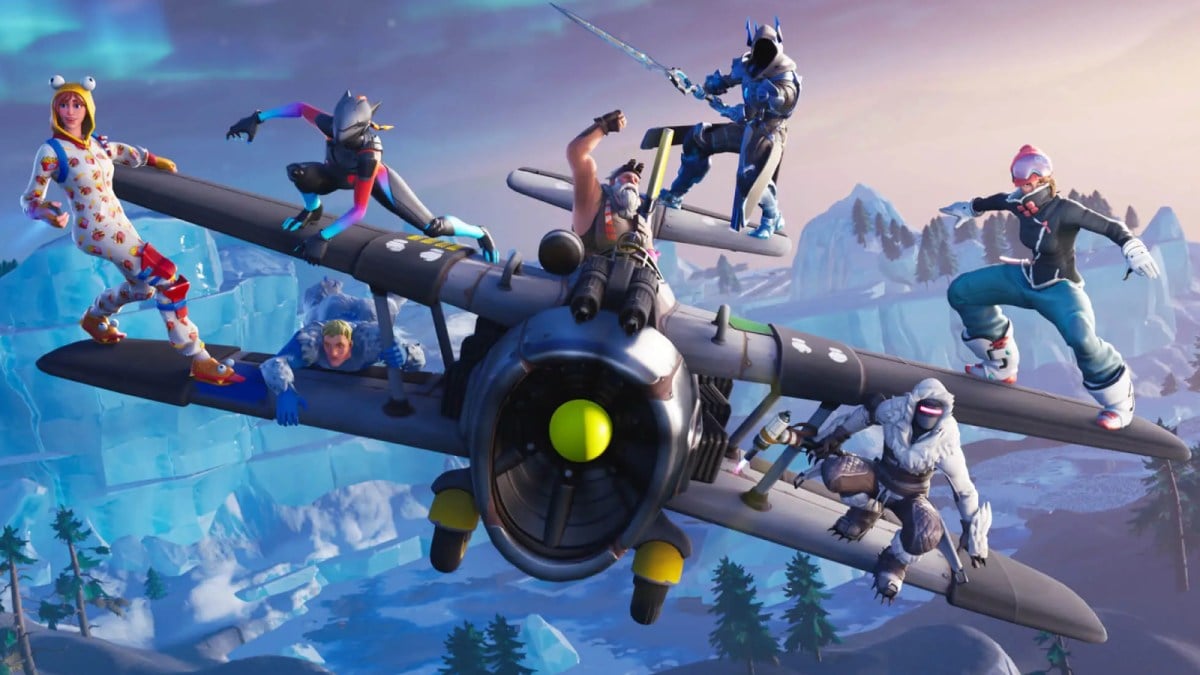 Five Fortnite characters hanging off a plane in a snowy area.
