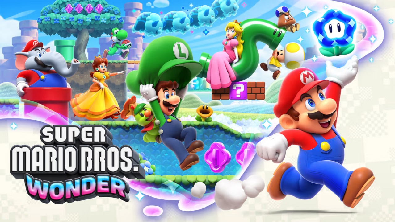 There is a shot of Mario and his friends jumping, while there is a color background behind them.