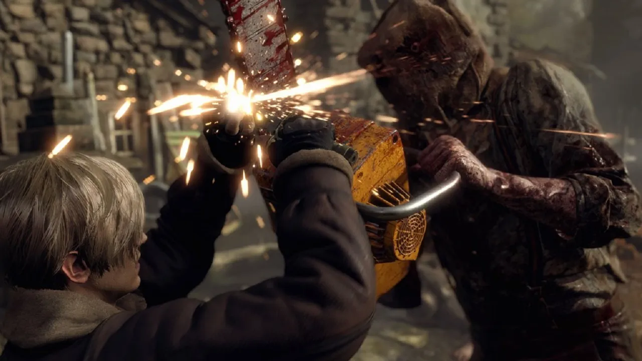 There is a shot of Leon parrying a chainsaw from a zombie enemy. The enemy is wearing a sack on its head.
