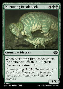 Nurturing Bristleback is a common dinosaur from Lost Caverns of Ixalan