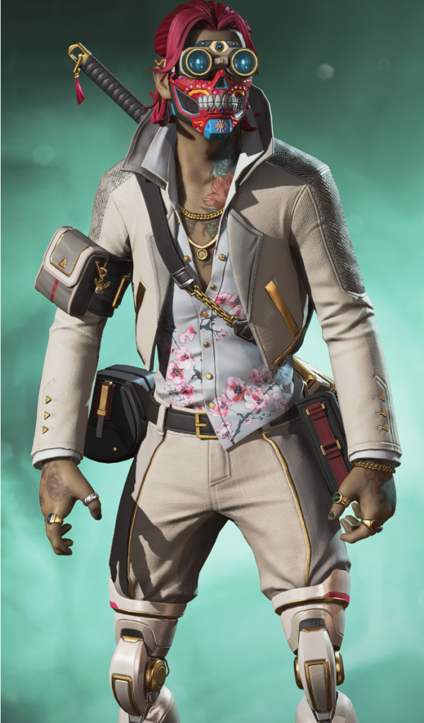 Octane wears a white suit with gold accents. He has red hair and a red colorful skull-like mask covering his face.
