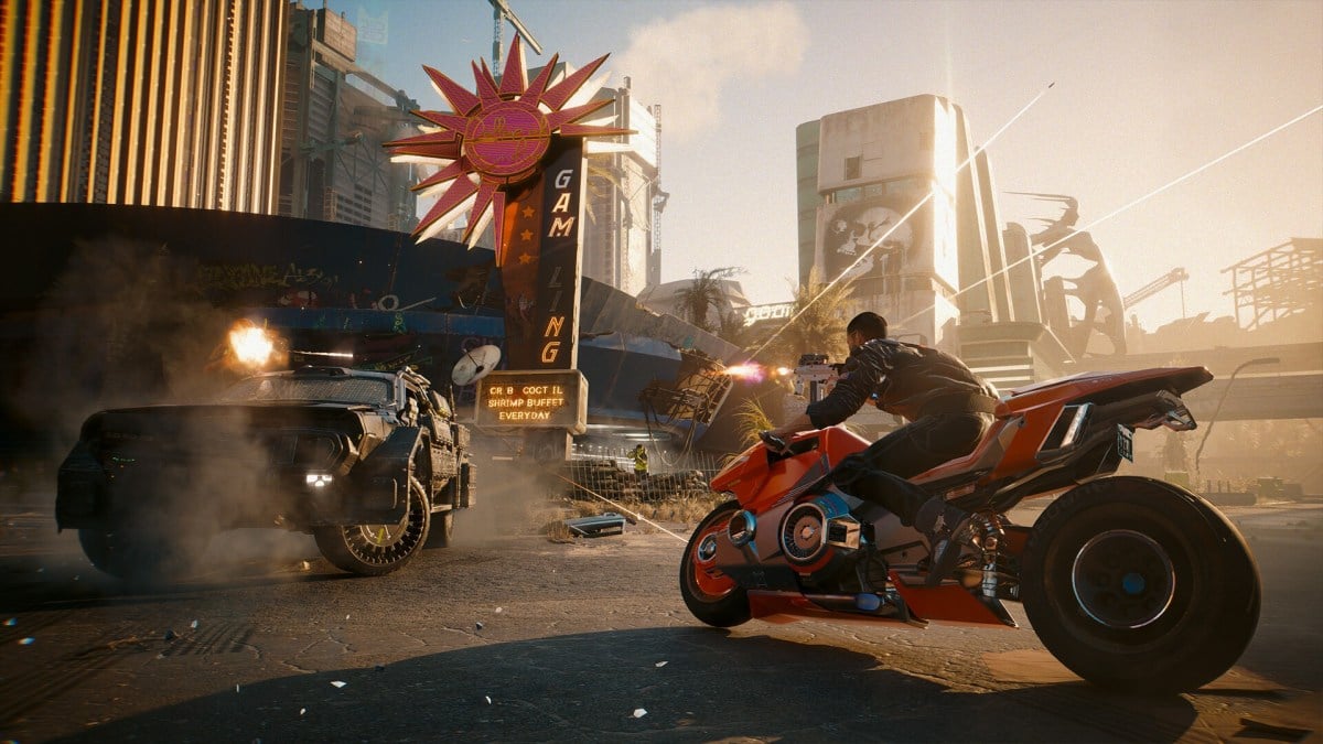 A character riding a motorcycle in Cyberpunk 2077 Phantom Liberty