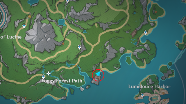 A map of the Foggy Forest Path area in with the location of The Rusty Rudder circled.