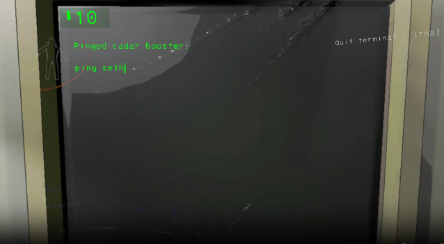 The monitor screen displaying green letters in Lethal Company.