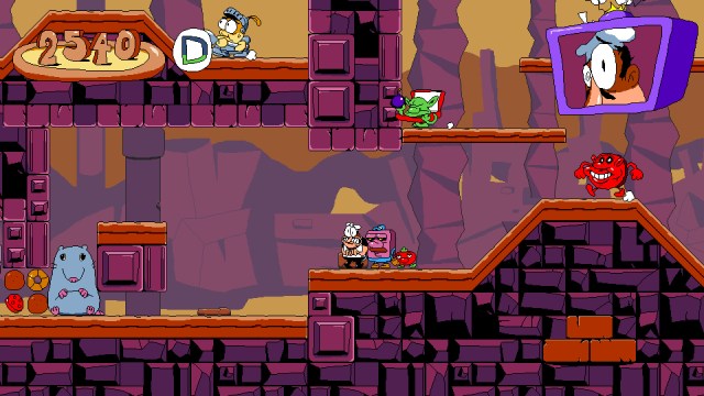 Screenshot of the first level of Pizza Tower showing a cast of colorful characters.
