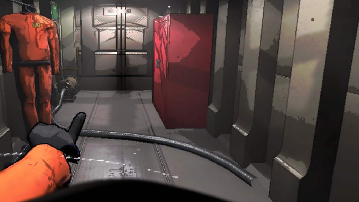 A player in a spacesuit pointing forwards while on board a ship in Lethal Company.