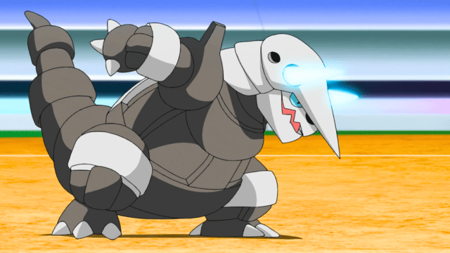 Aggron in a fighting stance with its horns glowing in the Pokémon anime.