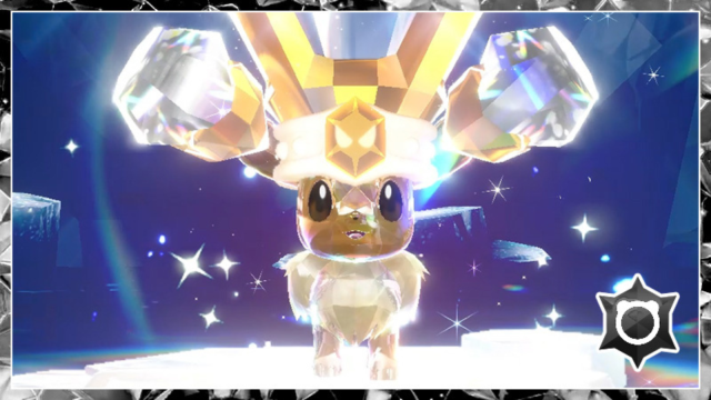 Eevee with the Normal Tera Type wearing the diamond hat in Pokémon Scarlet and Violet.