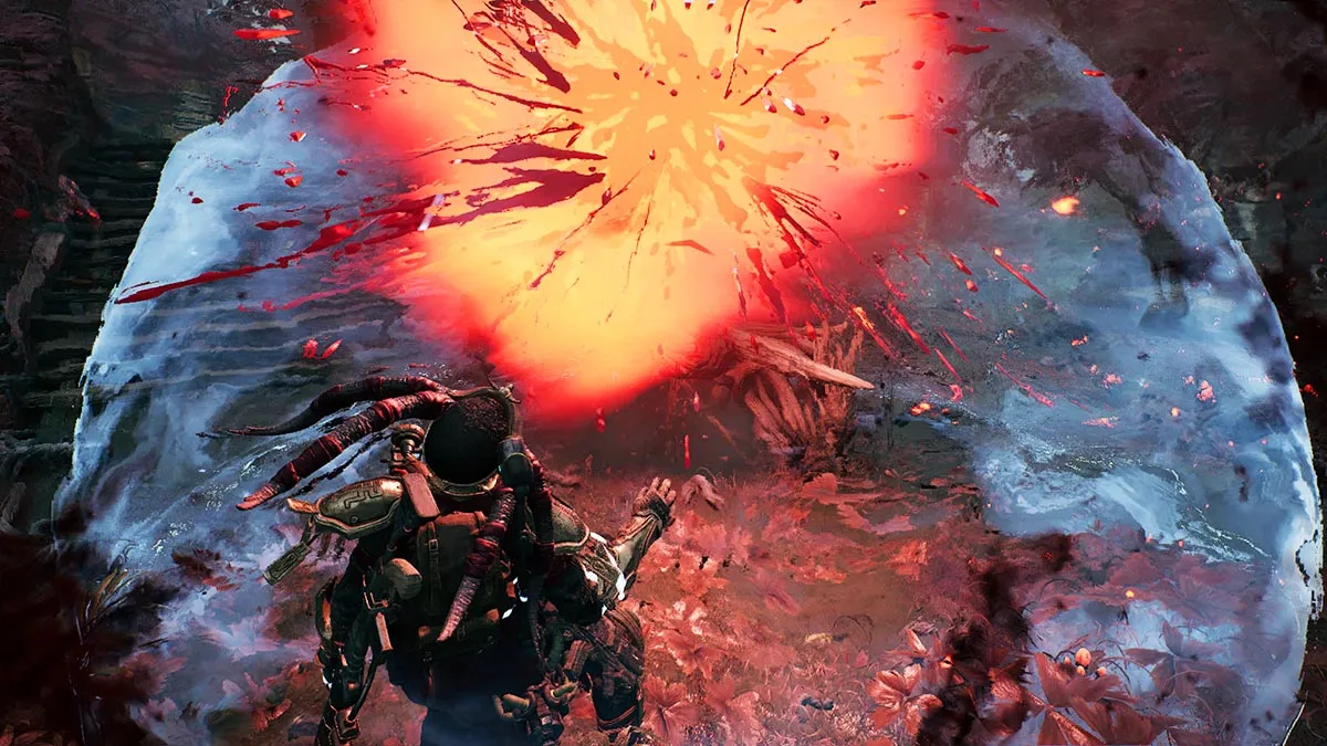 A character using the Archon shield ability to avoid damage from an exploding attack in Remnant 2