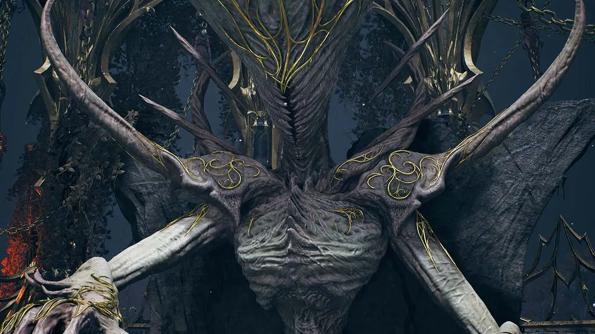 The One True King from Remnant 2's DLC on his throne