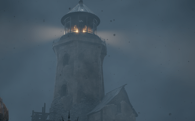 A lighthouse stands against a dark, foggy background. Light emits from its top as ash falls from the sky.