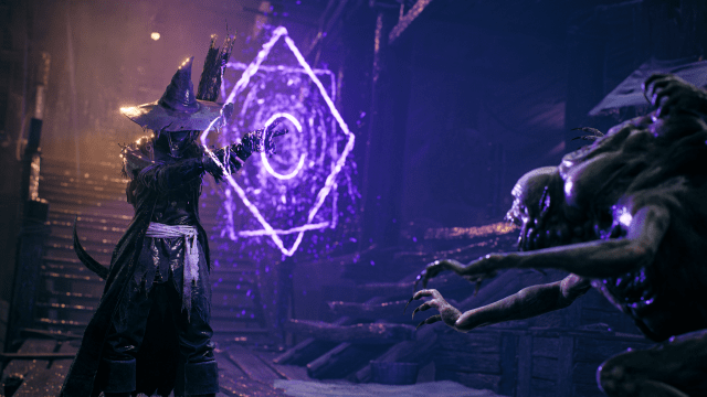 A screenshot from Remnant 2 showing a character in a witch's outfit with glowing purple diamond-shaped magic in front of them.