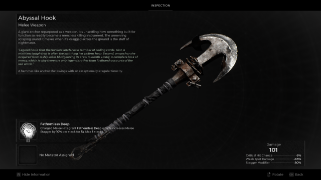 The Abyssal Hook item description page in Remnant 2.