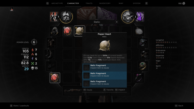 The Character tab of the Remnant 2 menu, with the description for the Paper Heart Relic shown.