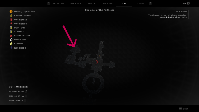 A map of the Chamber of the Faithless in Remnant 2, with a red arrow highlighting the location of the sealed door.