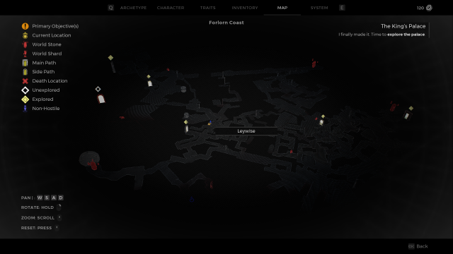 The map of the Forlorn Coast in Remnant 2, with Leywise's location highlighted.