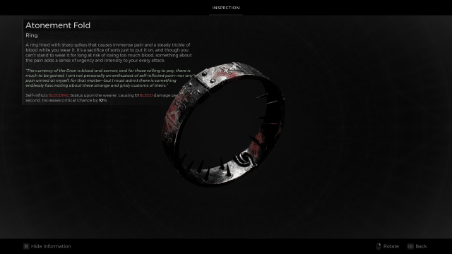 The Remnant 2 inspection screen, which shows the Atonement Fold Ring.